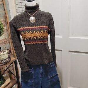 Dyna Sport Womens Fair Isles Pattern Chocolate Brown Turtleneck Sweater Size S
